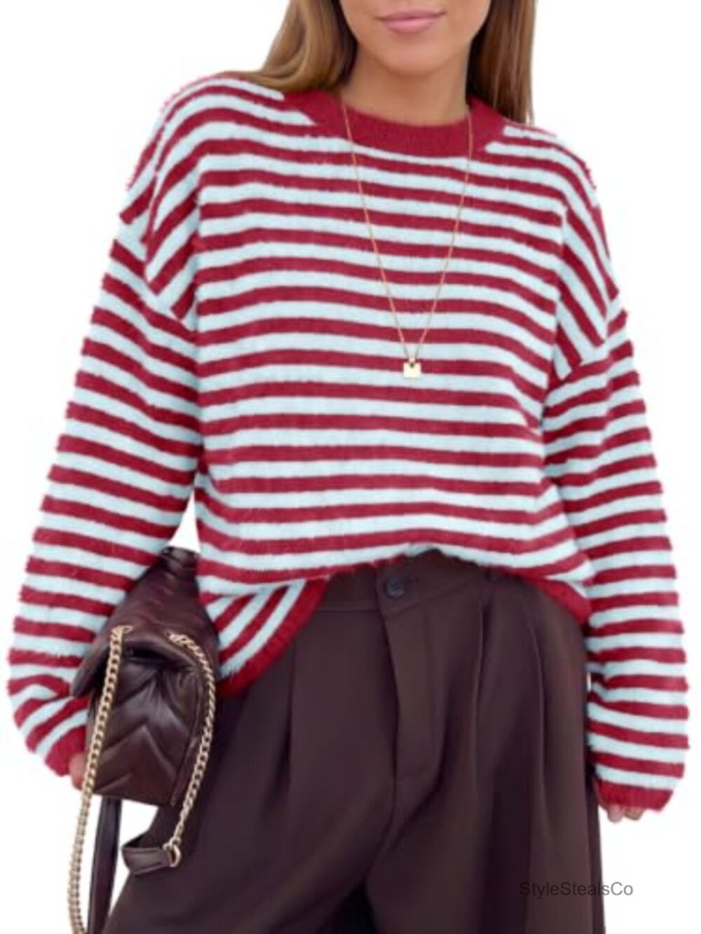 Fuzzy Striped Crew Neck Knit Pullover Sweater Slouchy Drop Shoulder